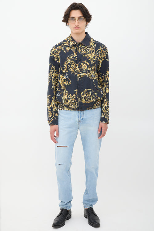 Versace Black 
Gold Ornate Printed Denim Jacket