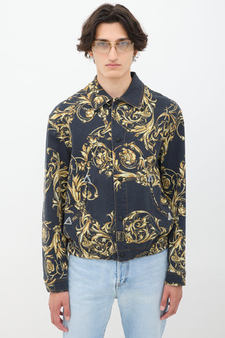 Versace Black 
Gold Ornate Printed Denim Jacket