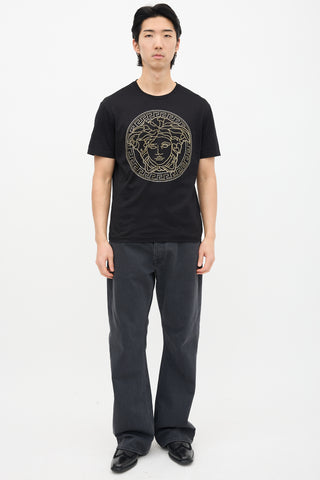 Versace Black 
Gold Rhinestone Medusa T-Shirt