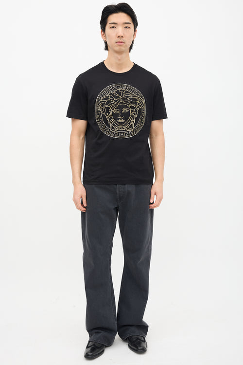 Versace Black 
Gold Rhinestone Medusa T-Shirt