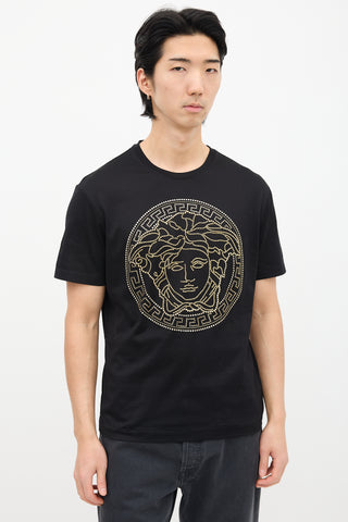 Versace Black 
Gold Rhinestone Medusa T-Shirt