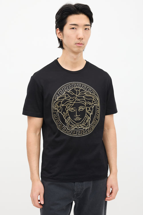 Versace Black 
Gold Rhinestone Medusa T-Shirt