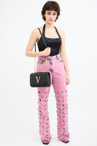 Versace Black Leather 
Chain Virtus Logo Flap Crossbody Bag