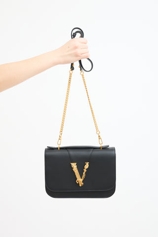 Versace Black Leather 
Chain Virtus Logo Flap Crossbody Bag