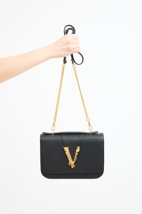 Versace Black Leather 
Chain Virtus Logo Flap Crossbody Bag