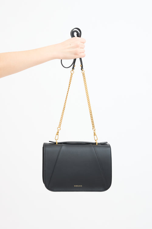 Versace Black Leather 
Chain Virtus Logo Flap Crossbody Bag