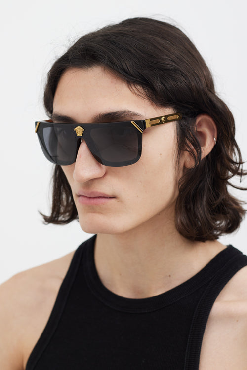 Versace Black 
Gold V1573 Rectangular Sunglasses