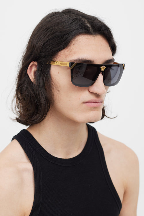 Versace Black 
Gold V1573 Rectangular Sunglasses