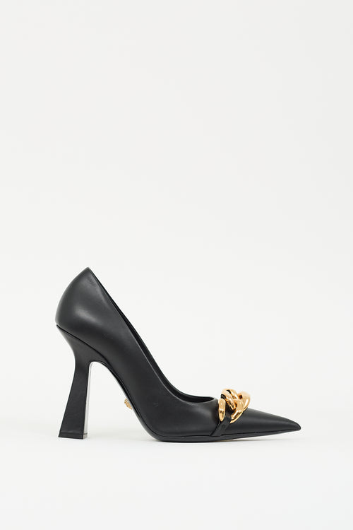 Versace Black Leather 
Chain Embellished Pump