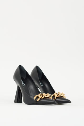 Versace Black Leather 
Chain Embellished Pump