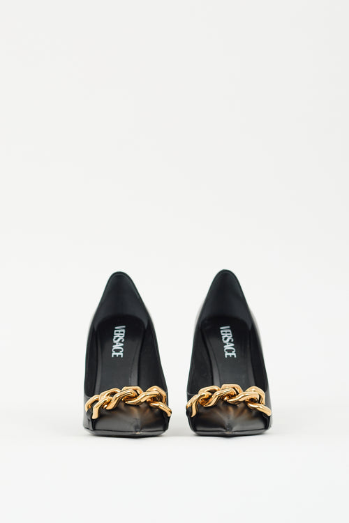 Versace Black Leather 
Chain Embellished Pump