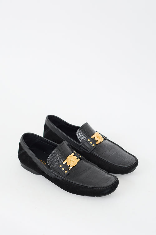 Versace Black Embossed Leather 
Suede Medusa Loafer