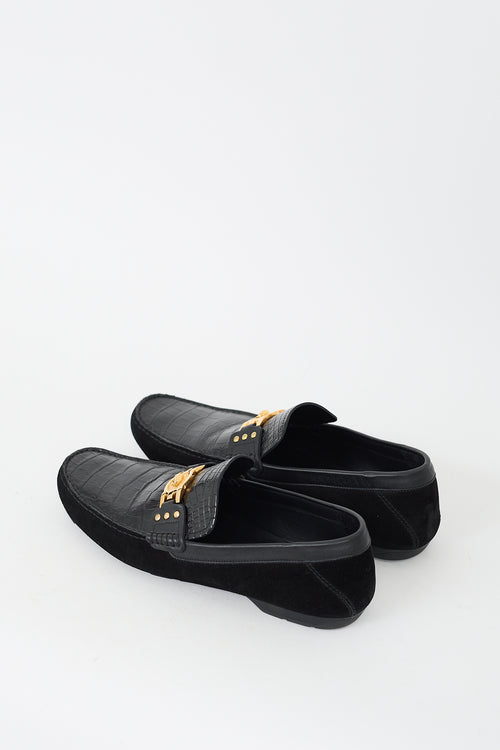 Versace Black Embossed Leather 
Suede Medusa Loafer