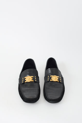 Versace Black Embossed Leather 
Suede Medusa Loafer