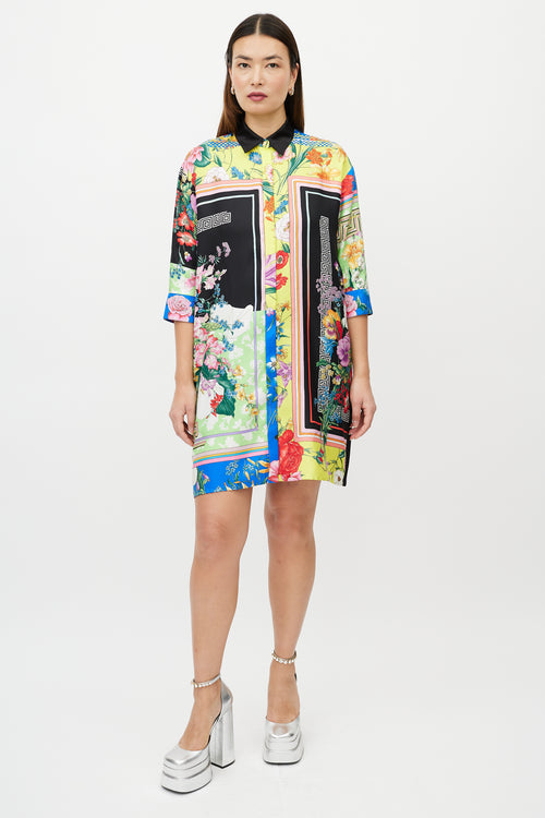 Versace Black 
Multicolour Silk Satin Button Up Dress