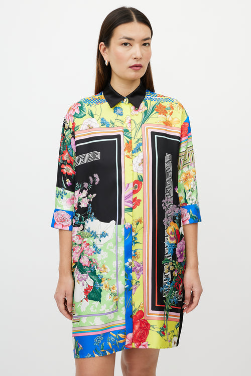 Versace Black 
Multicolour Silk Satin Button Up Dress