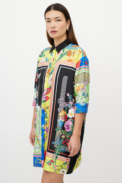 Versace Black 
Multicolour Silk Satin Button Up Dress