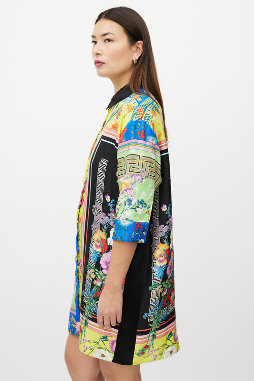 Versace Black 
Multicolour Silk Satin Button Up Dress