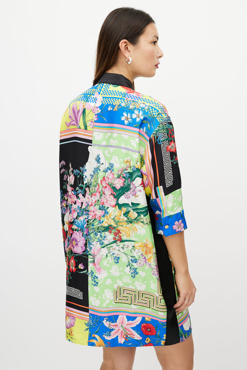 Versace Black 
Multicolour Silk Satin Button Up Dress