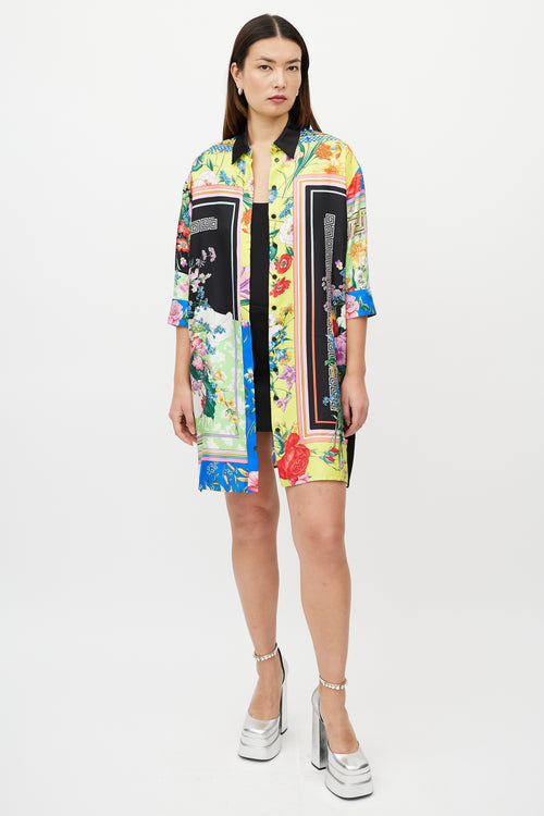 Versace Black 
Multicolour Silk Satin Button Up Dress