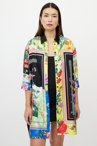 Versace Black 
Multicolour Silk Satin Button Up Dress