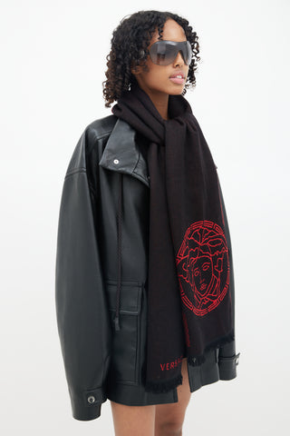 Versace Black 
Red Wool Medusa Scarf