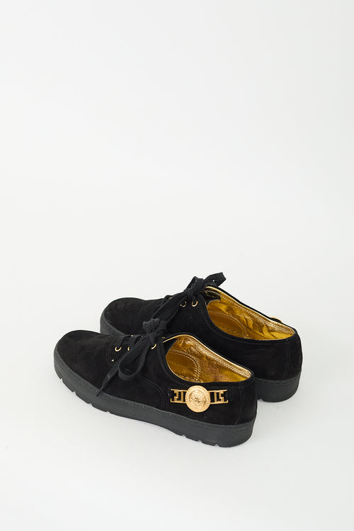 Versace Black 
Gold Suede Medusa Sneaker