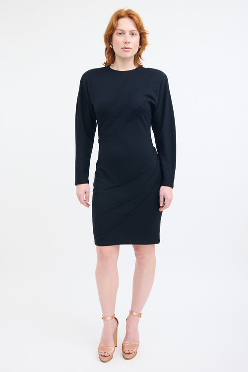 Versace Black Wool Diagonal Pleat Dress