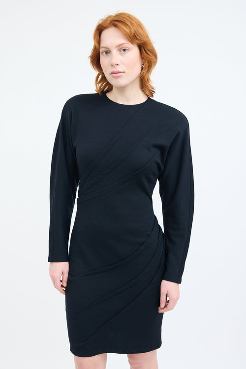 Versace Black Wool Diagonal Pleat Dress