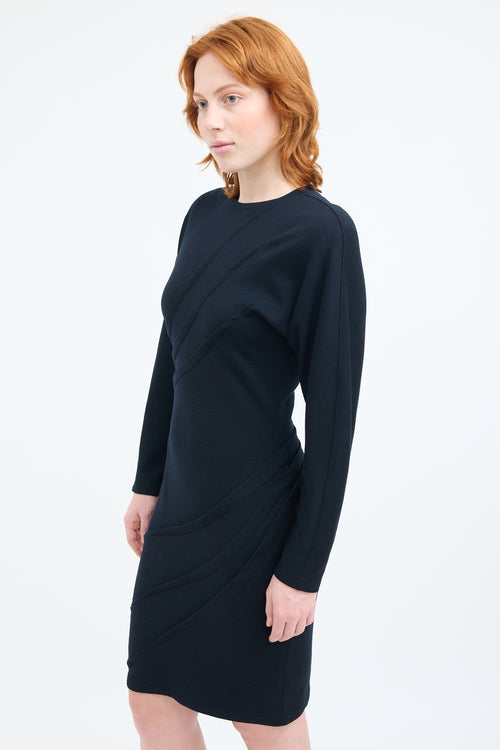 Versace Black Wool Diagonal Pleat Dress