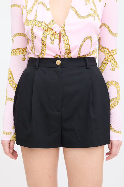 Versace Black Wool Pleated Mini Shorts