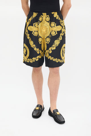 Versace Black 
Yellow Silk Twill Medusa Shorts