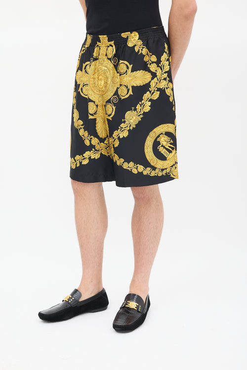 Versace Black 
Yellow Silk Twill Medusa Shorts