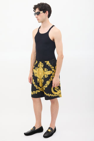 Versace Black 
Yellow Silk Twill Medusa Shorts