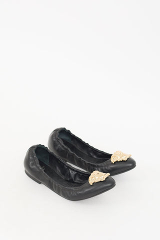 Versace Black Leather 
Gold Medusa Ballet Flat