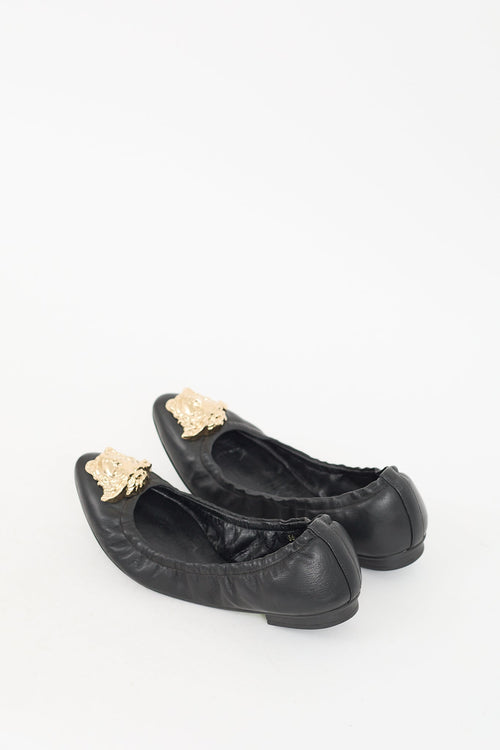 Versace Black Leather 
Gold Medusa Ballet Flat