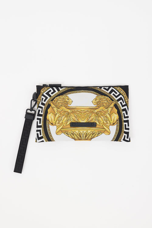 Versace Black 
Gold Nylon Print Zip Pouch