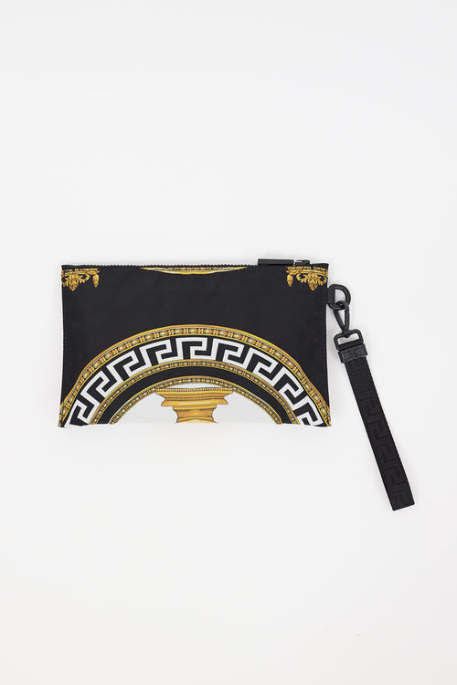 Versace Black 
Gold Nylon Print Zip Pouch