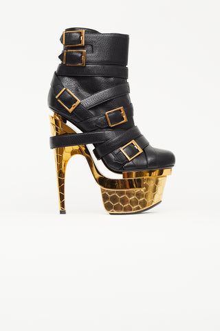 Versace Black 
Gold Buckled Triple Platform Boot