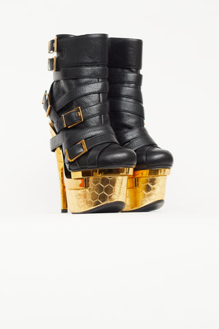 Versace Black 
Gold Buckled Triple Platform Boot