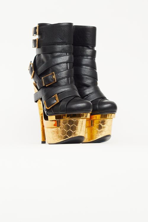 Versace Black 
Gold Buckled Triple Platform Boot