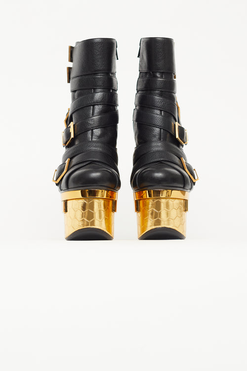 Versace Black 
Gold Buckled Triple Platform Boot