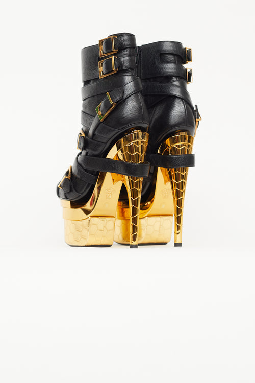 Versace Black 
Gold Buckled Triple Platform Boot