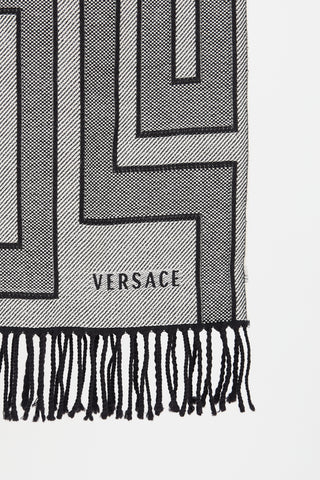 Versace Black 
White Wool Intarsia Fringe Scarf