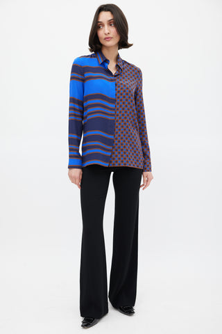 Versace Blue 
Brown Silk Geometric Split Shirt