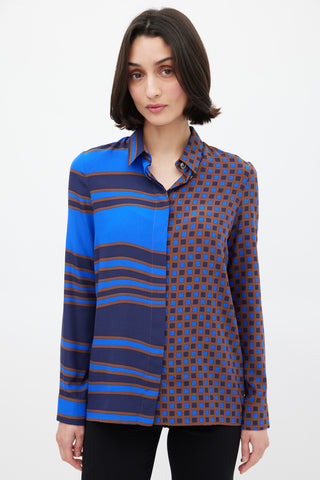 Versace Blue 
Brown Silk Geometric Split Shirt