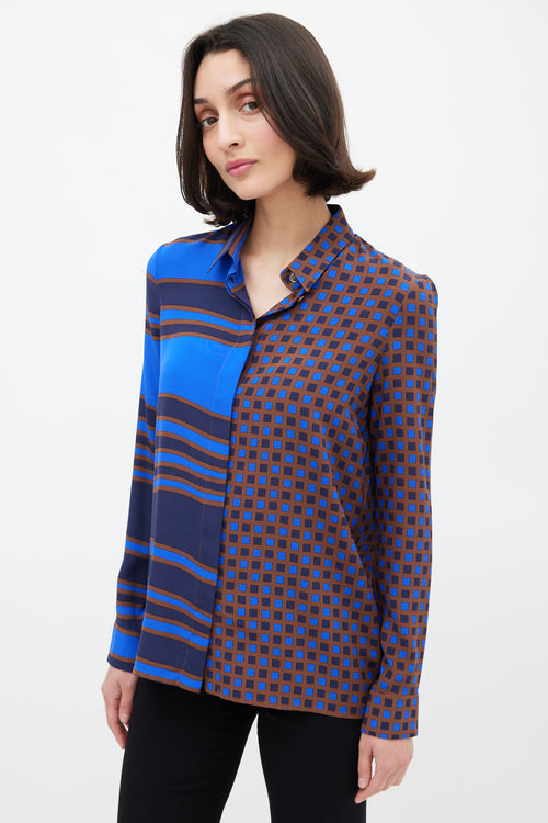 Versace Blue 
Brown Silk Geometric Split Shirt