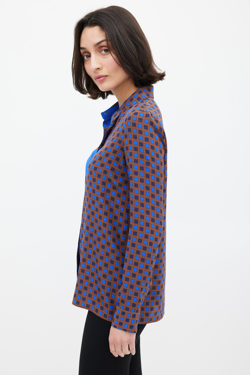 Versace Blue 
Brown Silk Geometric Split Shirt