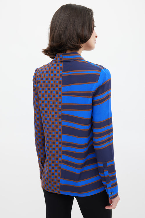 Versace Blue 
Brown Silk Geometric Split Shirt