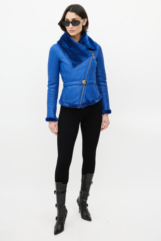 Versace Blue Leather Shearling Jacket